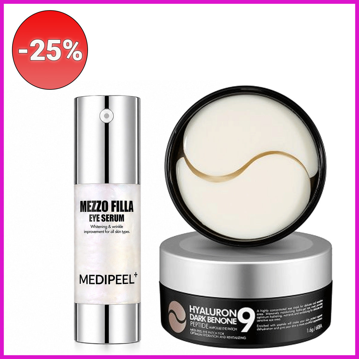 Rinkinys su nuolaida -25%: MEDIPEEL Mezzo Filla Eye Serum serumas paakiams+ MEDIPEEL Hyaluron Dark Benone Peptide Eye Patch paakių pagalvėlės