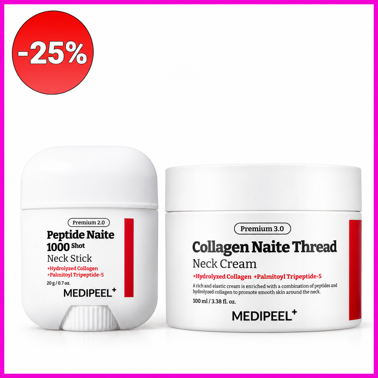 Rinkinys su nuolaida -25%: MEDIPEEL Collagen Naite Thread Premium 3.0 kaklo kremas + Peptide Naite 1000 Shot Neck Stick