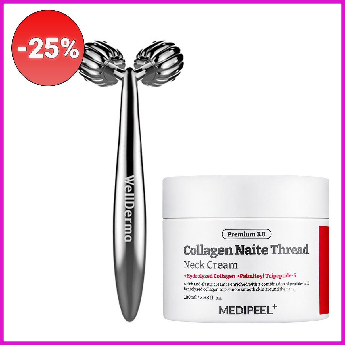 Rinkinys su nuolaida -25%: MEDIPEEL Collagen Naite Thread Premium 3.0 kaklo kremas + WellDerma Face lifting roller