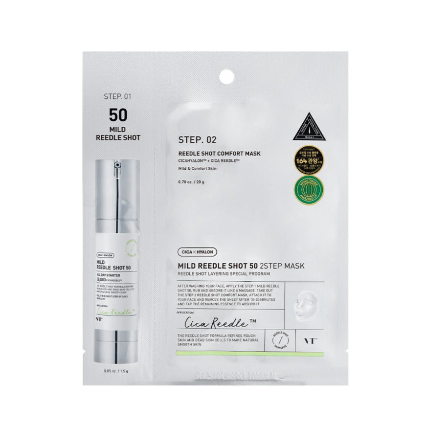 VT cosmetics Mild Reedle Shot 50 2 Step Mask veido ampoule su lakštine kauke. Korėjietiška kosmetika. koremour