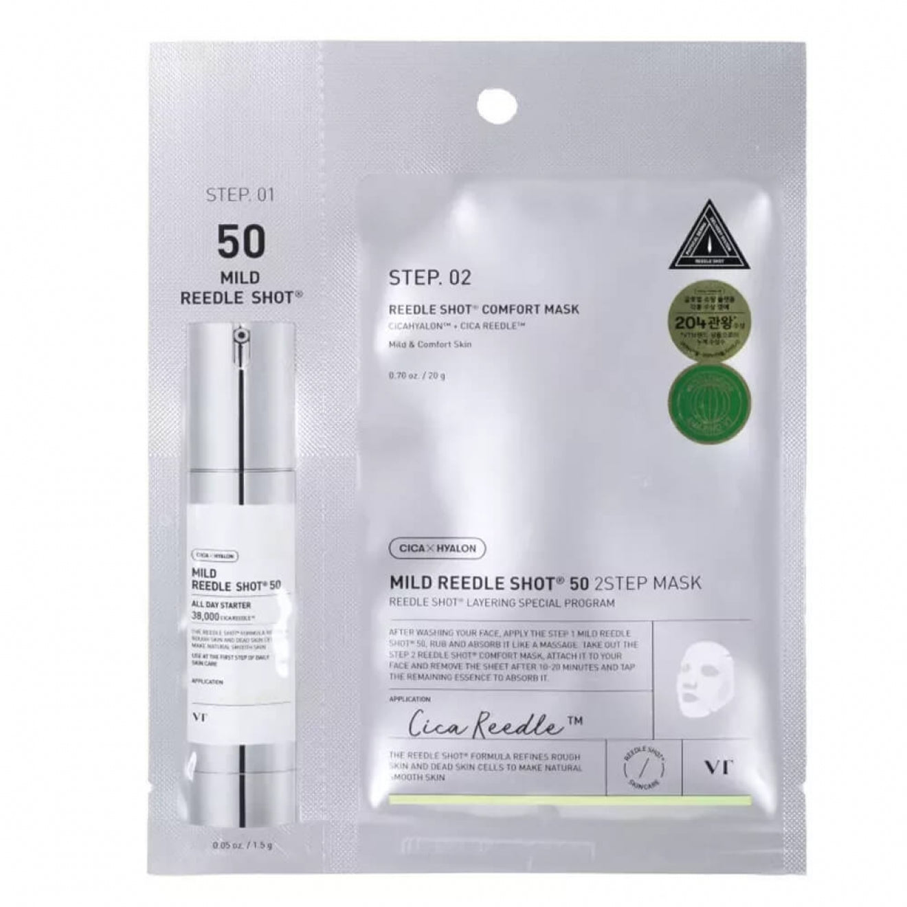 VT cosmetics Mild Reedle Shot 50 2 Step Mask veido ampoule su lakštine kauke. Korėjietiška kosmetika. koremour