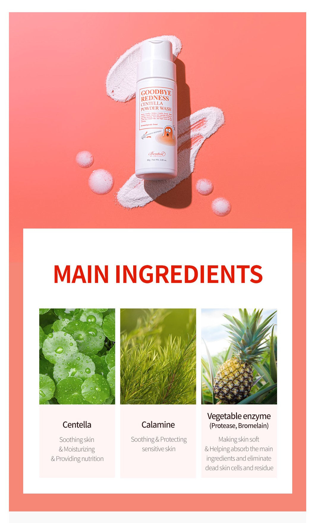 BENTON Goodbye Redness Centella Powder Wash enziminis prausiklis su centele