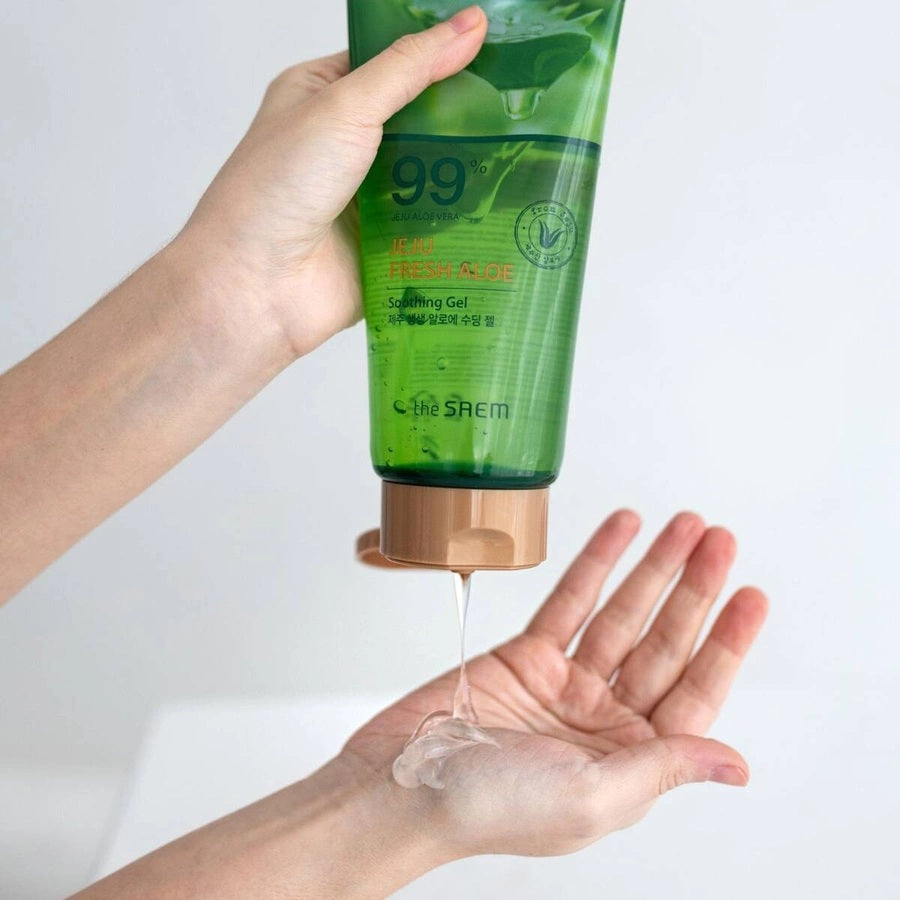 THE SAEM Jeju Fresh Aloe Soothing Gel gelis su alavijo ekstraktu. Korėjietiška kosmetika Koreamour
